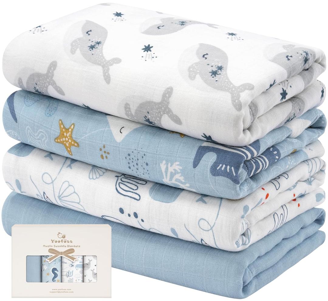 Yoofoss Muslin Swaddle Blankets, Organic Baby Blankets, 47 x 47 Inches Receiving Blanket for Baby Boys and Girls, Baby Essentials for Newborns Soft Breathable (Blue Ocean)