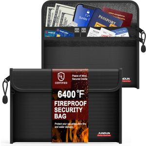 JUNDUN 6400℉ Fireproof Money Bag,8.6”x 5.9” Dual Zippers Fireproof Money Bag for Cash,12 Layer Heat Insulated Small Fireproof Envelope Pouch for Money,Cash,Card and Passport,Pack of 2