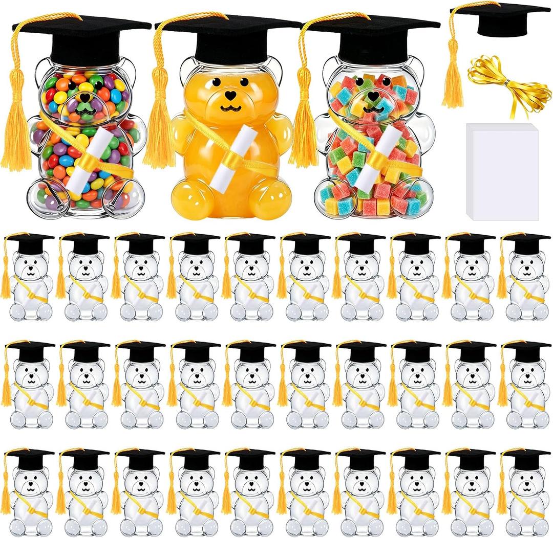 30 Sets Graduation Bear Candy Jar 2026 Graduation Cap Candy Gift Jar Plastic 2oz Empty Bear Container Bulk with Graduation Cap and Tassel Ribbon for Grad Party Favor Decoration Supplies