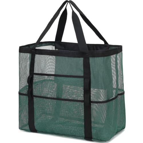 Fammart Mesh Beach Bag with Zipper, Large Beach Tote for Women, Toys Pool Swim Bag Travel Vacation Cruise Essentials, Large - Army Green