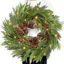 8 Modes & Timer - 24" Lighted Christmas Wreaths for Front Door with 50 LED, Real Touch Norfolk Pine Wreath Cedar&Cypress Tips Pinecones Berries Artificial Xmas Door Wreath for Home Indoor Wall Window