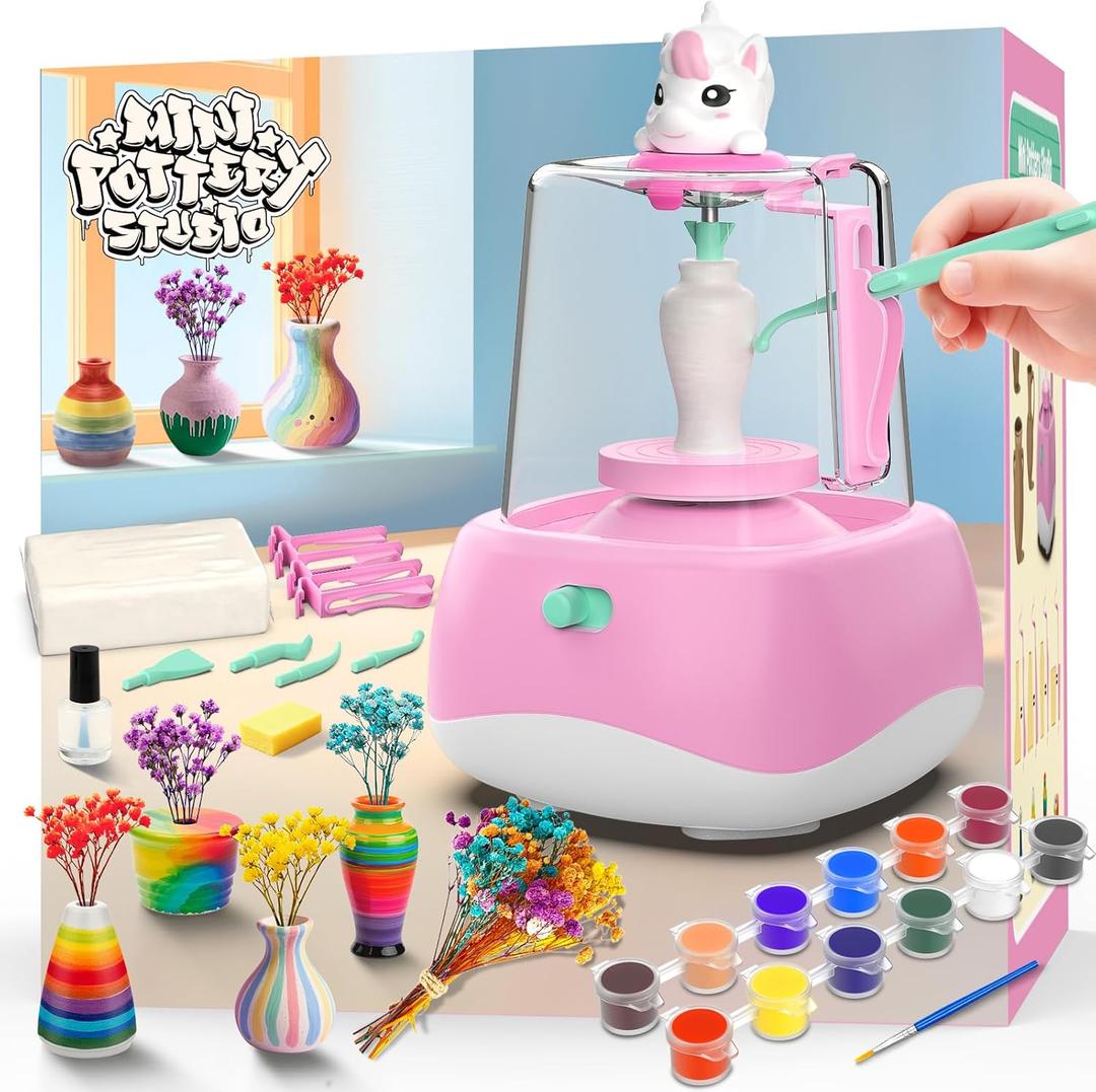 Mini Pottery Wheel for Kids - Pottery Painting Craft Kit with 2.3in Turntable, Clay, Flowers, Mess Free Arts and Crafts for Kid Ages 8-12, Birthday Christmas Gift Toy for Girls Ages 6-12+, Pink