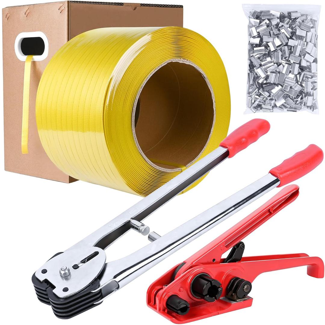 MYFAMIREA Heavy Duty Banding Strapping Kit with Tensioner Tool, 1/2" x 3500FT Polypropylene Plastic Packaging Strapping, 300 Metal Seals, Sealer Tool for Pallets, Logistics, Warehouse (Red)