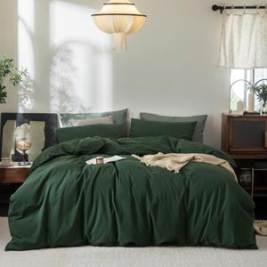 FOSSA Duvet Cover Set 100% Washed Cotton Linen Feel Super Soft Breathable Cozy 3 Pieces Bedding Sets Solid Forest Green California King