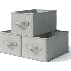 3 Pack Fabric Storage Bins for Shelves | 16.25x12x10in Closet Storage Baskets | Collapsible Storage Bins |Fabric Closet Organizers with Handles | Light Gray