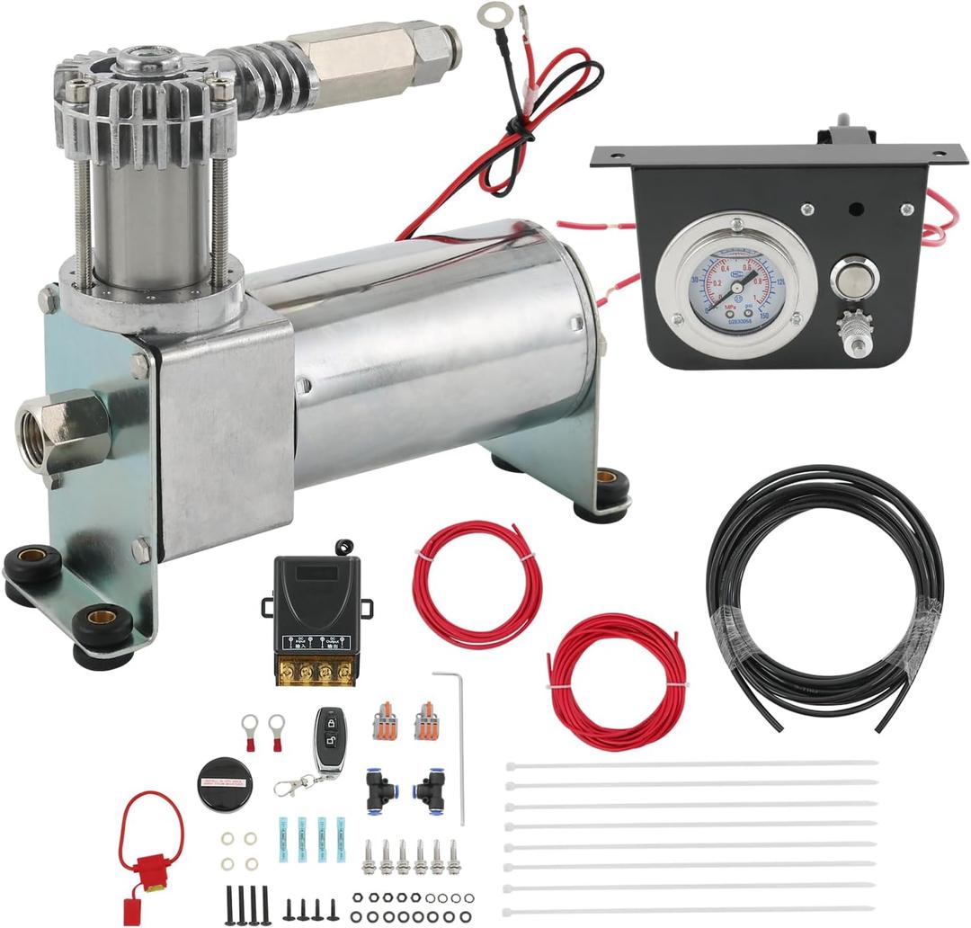 On Board Air Compressor System Replacement For Trucks Vans, includes Air Spring Compressor, Gauge, Wiring harness, Line and Hardware Kit On Board Air Compressor System Replacement For Trucks Vans, includes Air Spring Compressor, Gauge, Wiring harness, Line and Hardware Kit