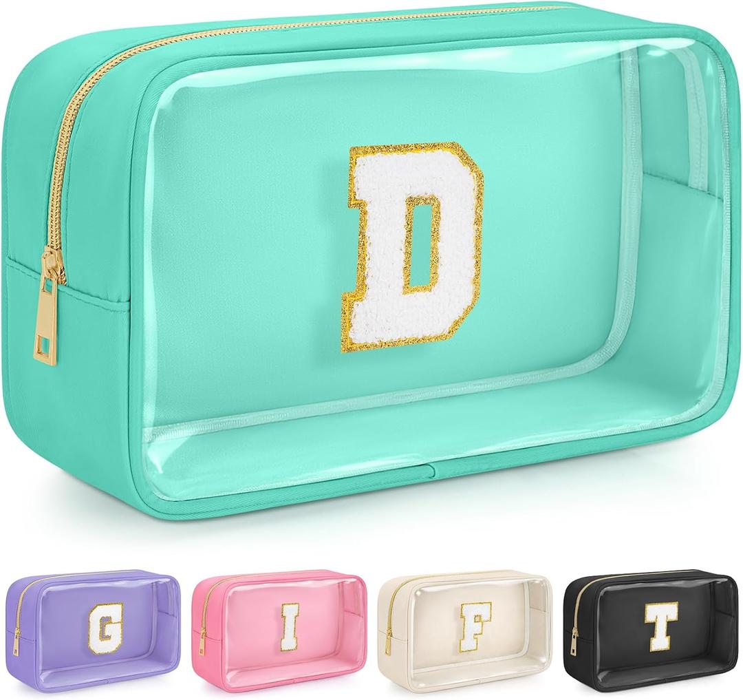 Initial Clear Makeup Bag, Birthday Gift Preppy Chenille Patch Cosmetic Bag, Initial Travel Essentials Beach Toiletry Pouch, Ideal Gift for Teachers & Moms, Women and Girls (Green, D) (Green)