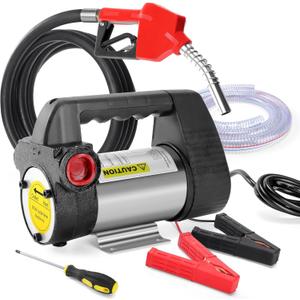 12V DC Portable Electric Fuel Transfer Pump with Extended Power Cord, 10GPM Self Priming Diesel & Kerosene Extraction Pump Kit with Automatic Shut Off Nozzle for Vehicle Refueling, Machinery