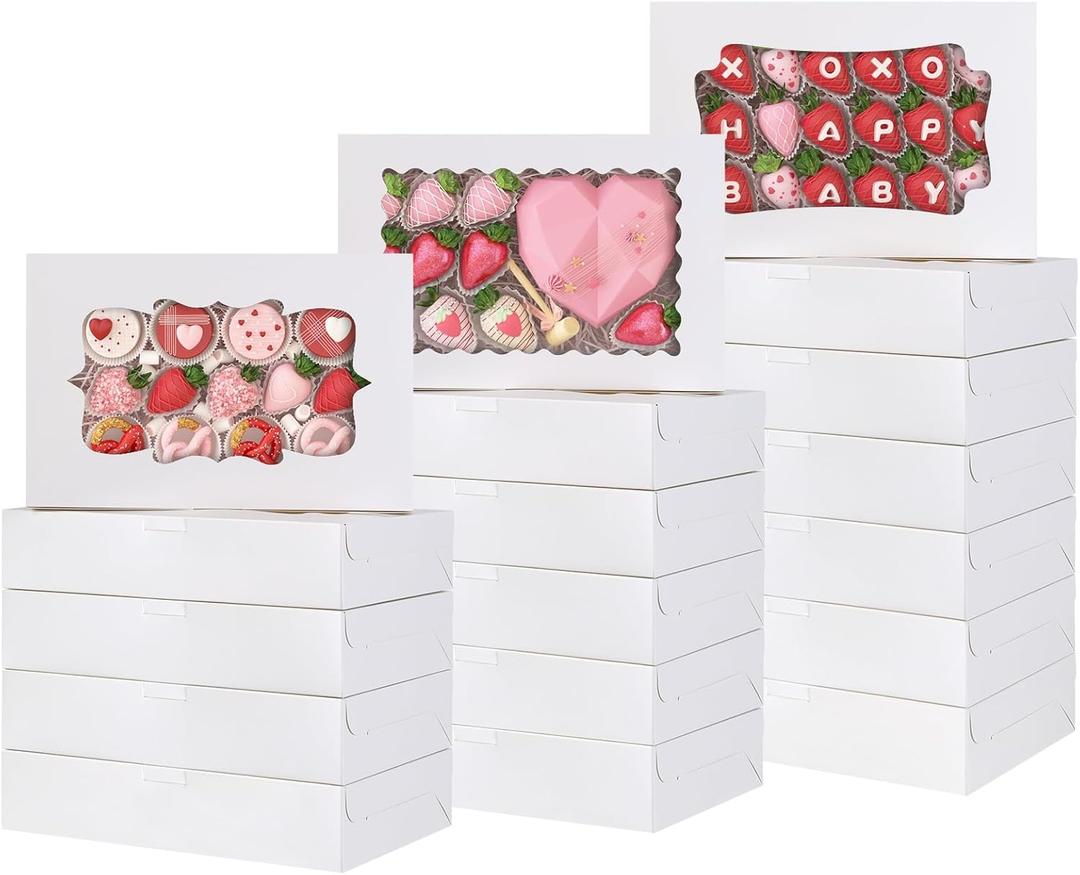 TOMNK 60pcs Mother's Day Cookie Boxes, 12x8x2.5 Inches 3 Style Bakery Boxes, Treat Containers with Window for Candies, Chocolate Strawberries, Cakes, Muffins, Donuts