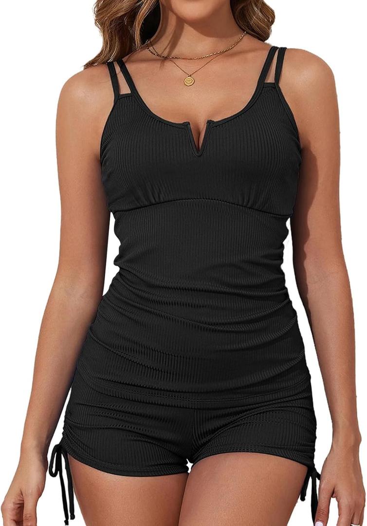 Aleumdr Women's Two Piece Tankini Swimsuit Tummy Control Bathing Suit V Neck Swim Tank Top with Boyshorts (Large, Flora Black)