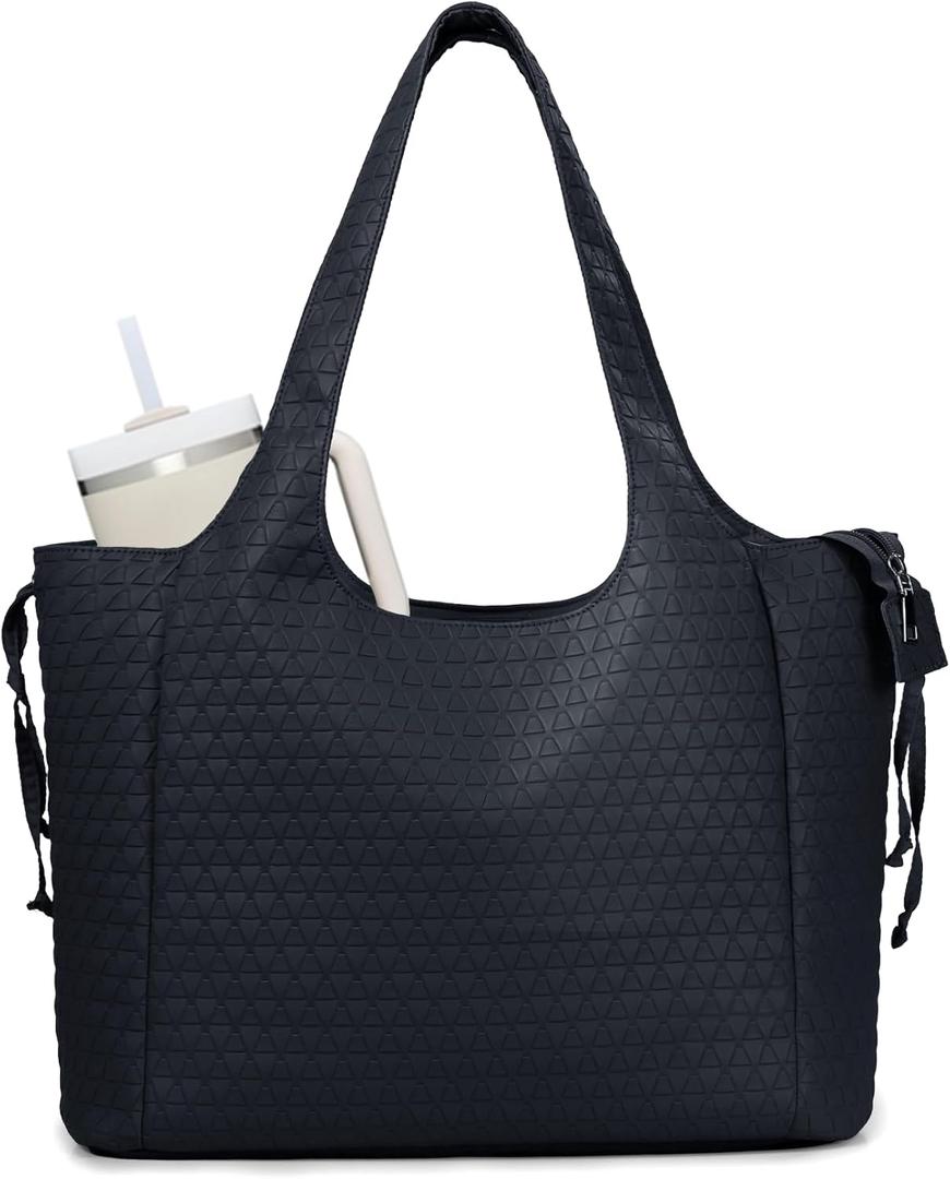 Wandering Nature Tote Bag for Women, Laptop Work Bag with 2 Cup Holders, Leather Purses and Handbags for Teacher Nurse Travel (Black)