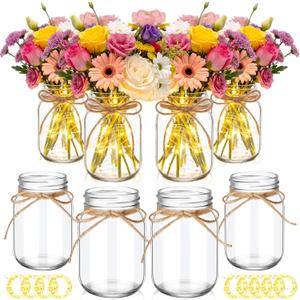 Chunful 9 Pcs Glass Mason Jar with LED Lights for Table Centerpiece Decorations Set Clear Rustic Farmhouse Coffee Table Decor with LED Lights for Wedding Dining Room Kitchen Decor (Warm Light)