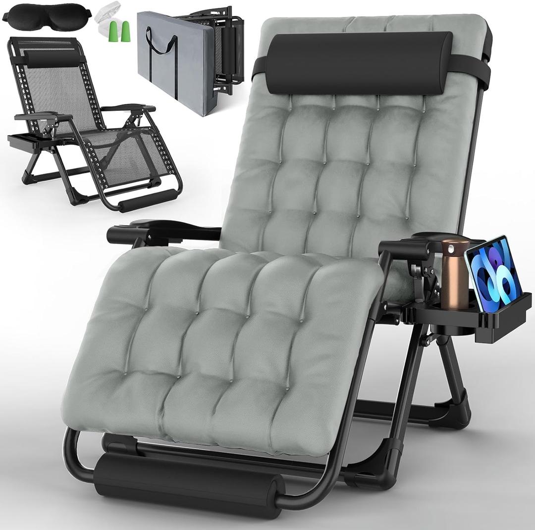 Oversized Zero Gravity Chair, XXL Lounge Chair 33 Width, Padded Recliner Chair W/Removable Cushion & Adj Headrest, Storage Bag, Footrest Cushion, Cup Holder, for Indoor Outdoor (Grey2)
