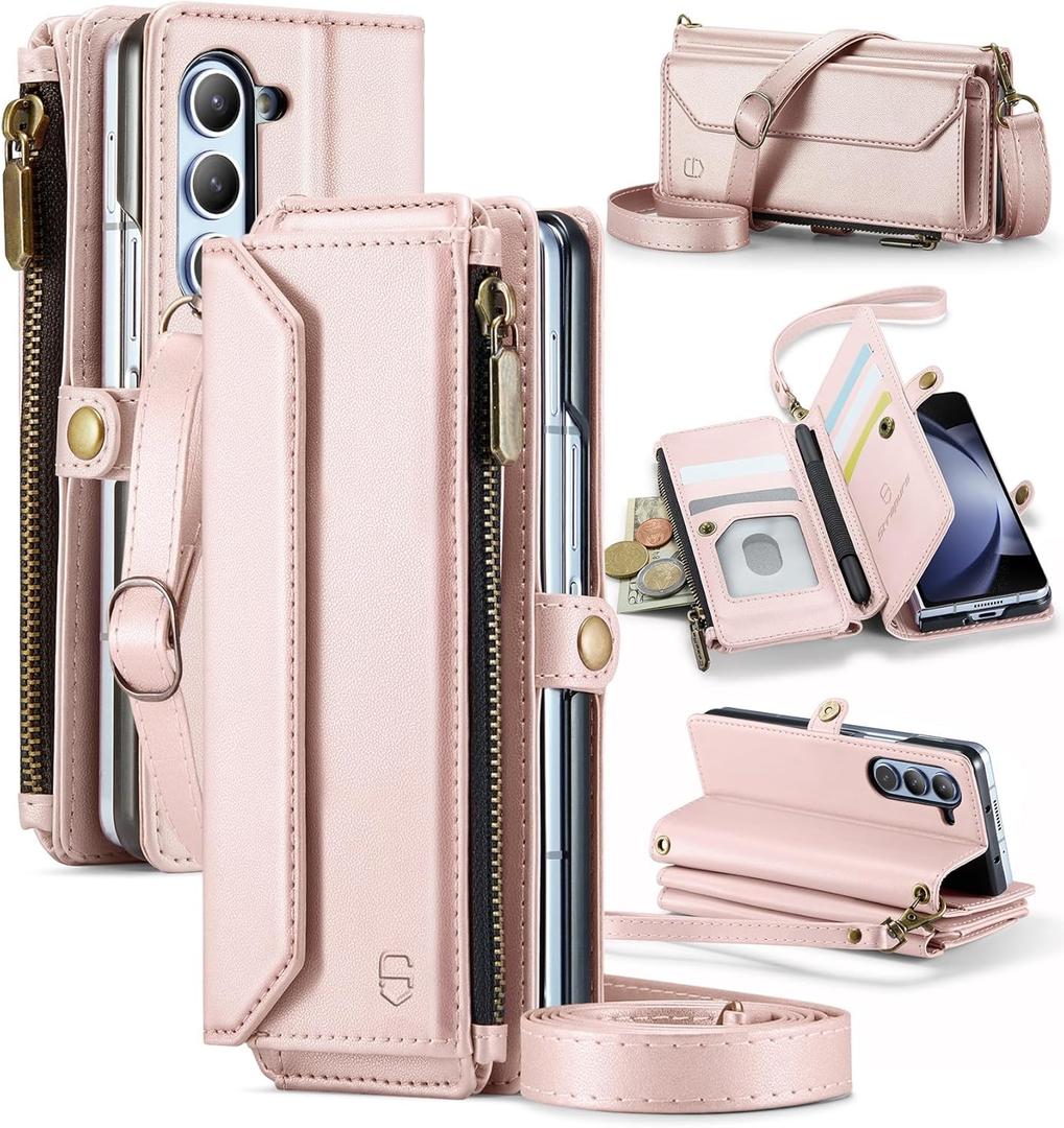 Crossbody Wallet Case Compatible with Samsung Galaxy Z Fold 5 with RFID Blocking Card Holder & Pen Holder Slot Soft PU Leather Shoulder Strap Zipper Pocket Purse Fold 5 Phone Case, Rose Gold