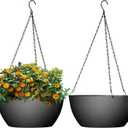 WSMKSZ 10 inch Hanging Planters for Outdoor Indoor Plants with Drainage Holes and Chain, 2 Pack Round Hanging Flower Pots for Garden Home Porch Decor, Black