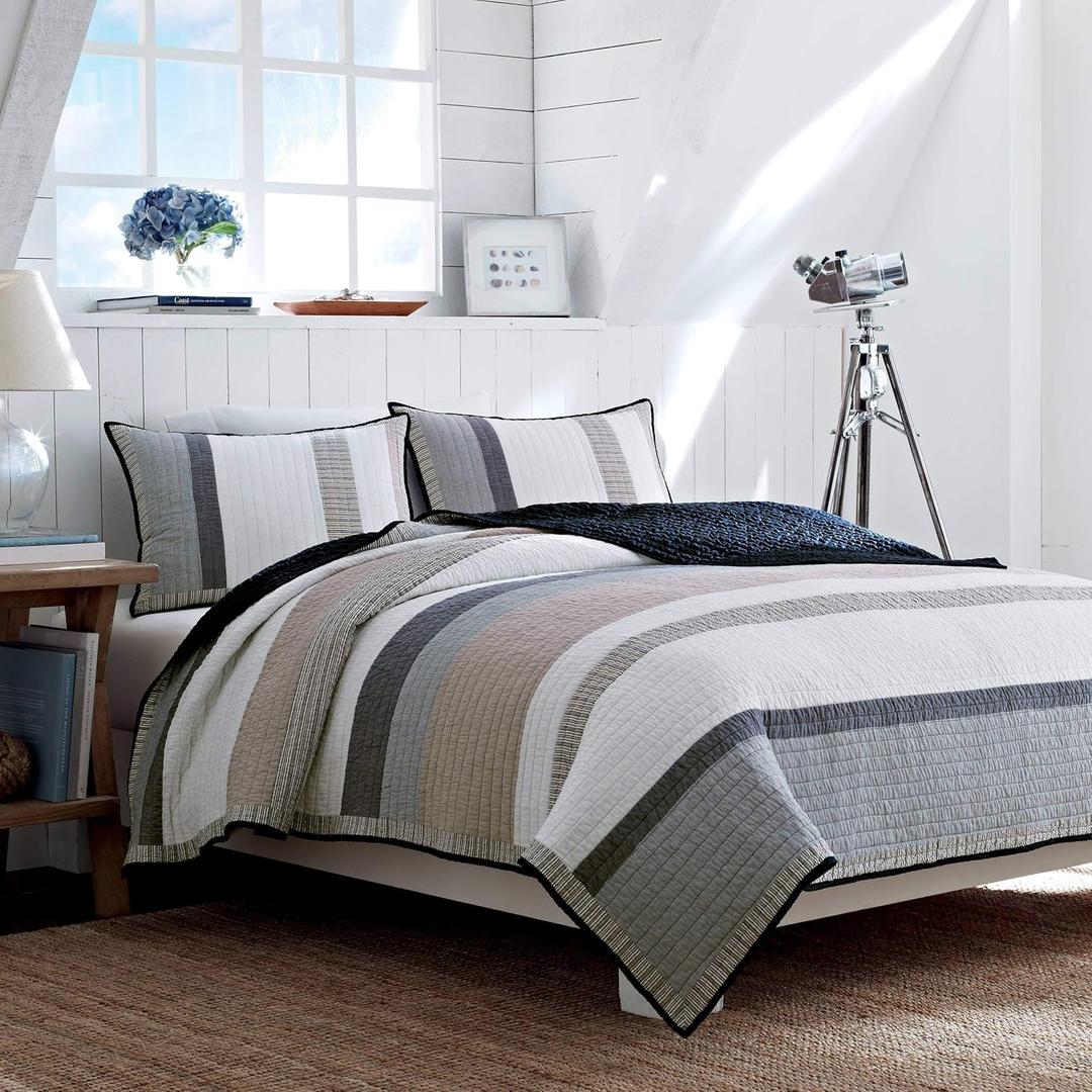 Nautica - Queen Quilt Set, Cotton Reversible Bedding with Matching Shams, Bedding Set for All Seasons (Tideway Tan/Grey, Queen)