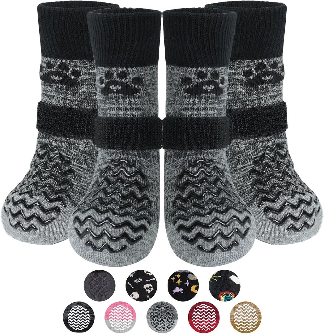 PUPTECK Anti Slip Dog Socks 2 Pairs with Double Grippers for Hardwood Floors, Shoes for Hot/Cold Pavement, Boots & Paws Protectors to Prevent Licking, Traction Booties for Senior Dogs, Medium