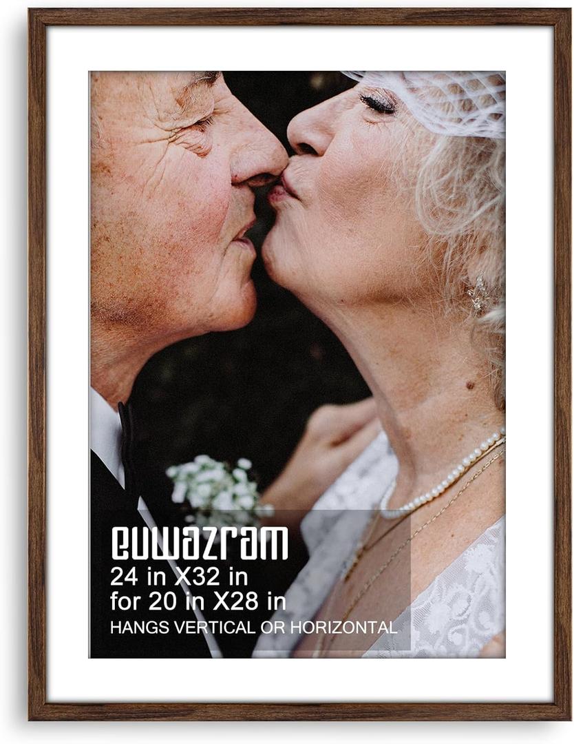 euwazram Solid Wood 24x32 Frame - Single Frame, Rustic Walnut 24 x 32 Poster Frame with Mat for 20x28, Picture Frames for Artwork, Puzzles, Photos and Movie Posters, Perfect Christmas Frame