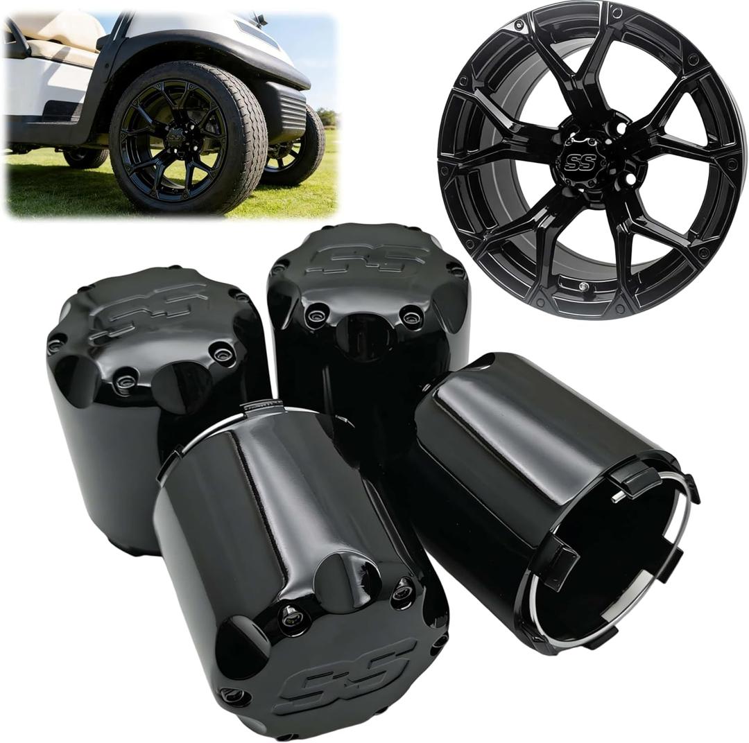 Golf Cart SS Wheel Center Cap Cover, ITP Push in Style Wheel Hub Caps Dust Cover for EZGO Club Car Yamaha and Other Models 8,10,12,14 inch Wheel,4 PCS(Gloss Black with Black SS)