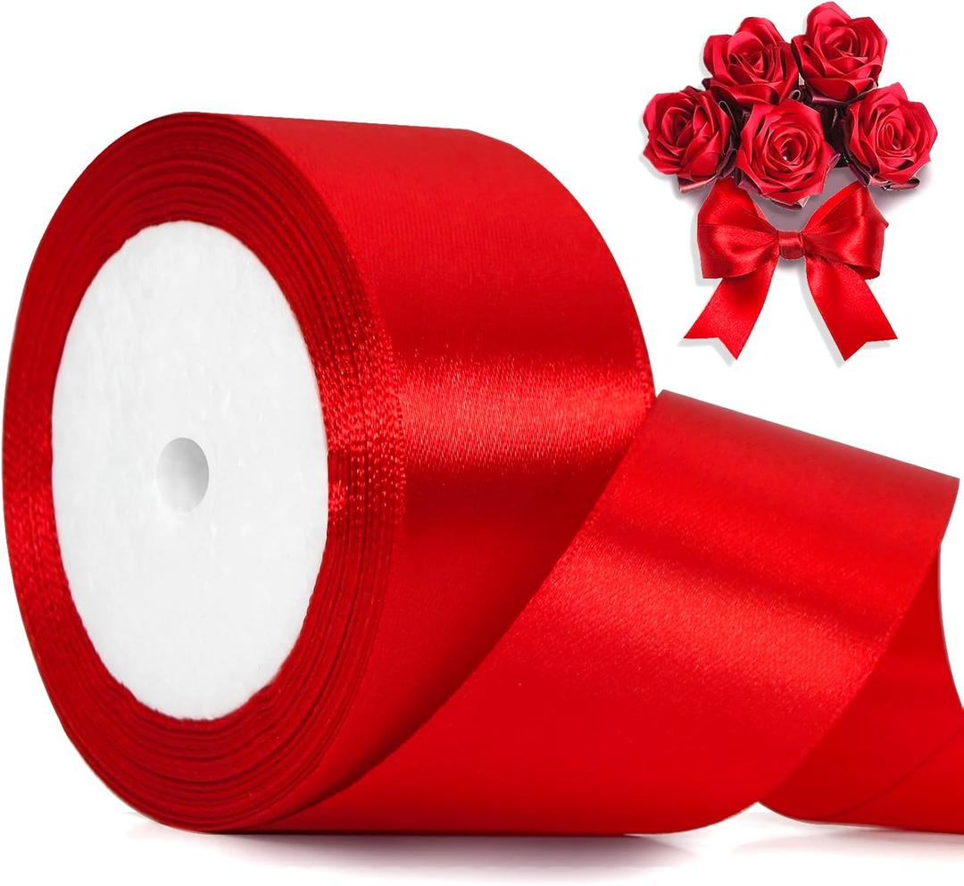 2 x Generic 1 1/2 Inch, 25 Yards Red Polyester Silk Fabric Ribbon, Hairband, Craft Ribbon, Single Side, Perfect for Gift Wrapping, Bouquet, Wedding, Bow Craft, Festive Occasions