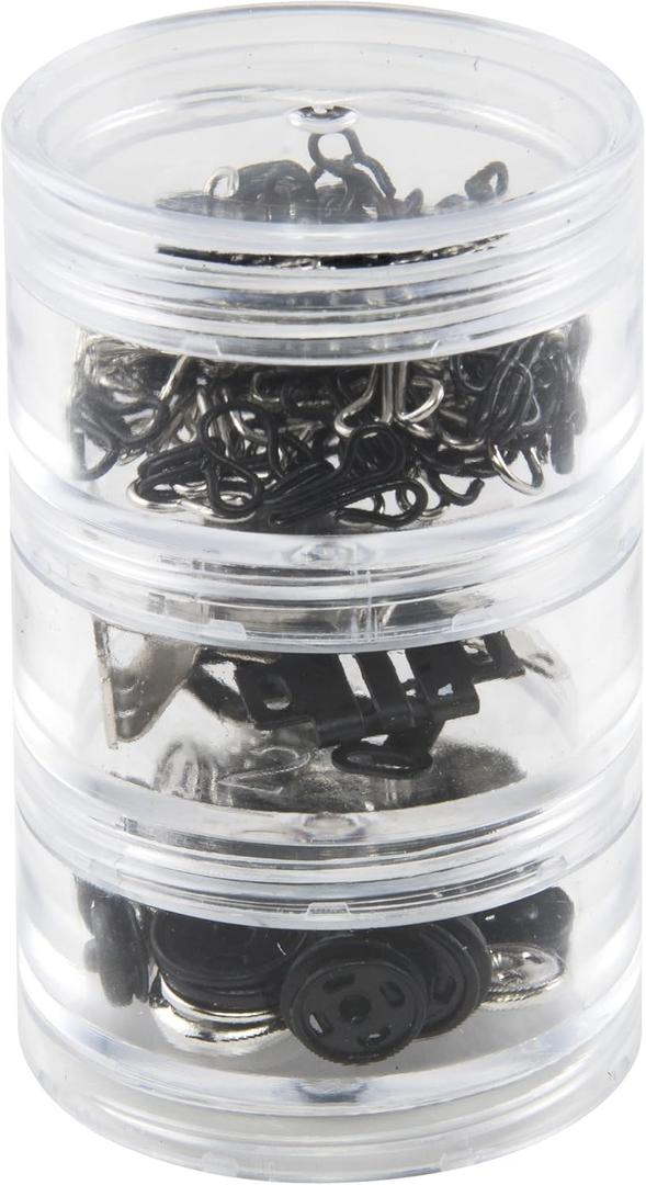 SINGER 07400 Fastener Variety-Pack in Stackable Screw Top Container - 48 Hook & Eyes, 24 Sew-On Snaps, 6 Hook & Bars , Black
