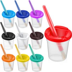 10 Pcs Children's Paint Cups with Lids for Kids Leakproof No Spill Paint Cups Toddlers and 10 Pieces Matching Colored Painting Round Brush Set Outdoor Art Supplies for Kids
