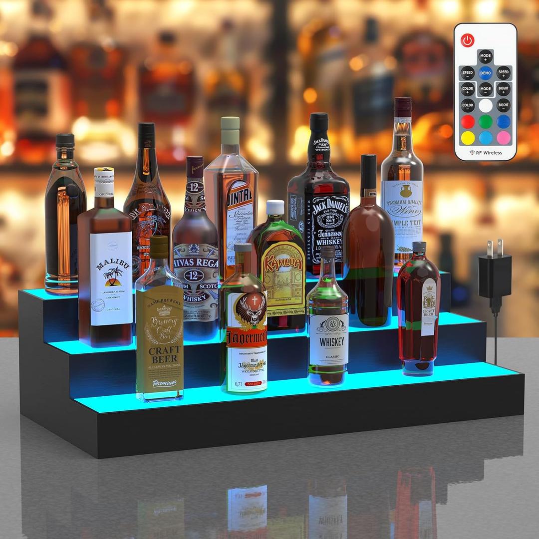 LED Lighted Liquor Bottle Display Shelf, 3 Tier 24 Inch Alcohol Whiskey Wood Rack Stand Tray for Home Bar Living Room Accessories and Decor, Bourbon Shelf for 18 Bottles