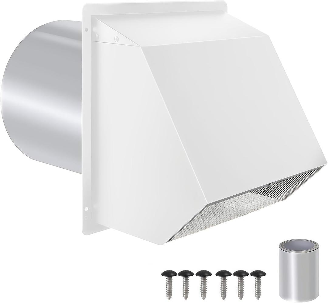 8 Inch Hooded Wall Vent with Screen and Damper, Exhaust Vent Cover Outdoor Dryer Vent Cover Outside External Extractor Wall Vent Hood for Kitchen Range Hood and Dryer, Bathroom, Basement (White)
