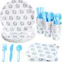BLUE PANDA Elephant Baby Shower Decorations for Boy Theme, Baby Boy Birthday Party Supplies With Paper Plates, Napkins, Cups, and Cutlery (Serves 24 Guests, 144-Piece Set) - Elephant Party Decorations