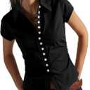 Women's Short Sleeve Button Down Shirt Summer Collared Blouse Trendy Casual Tops 2026 (M)