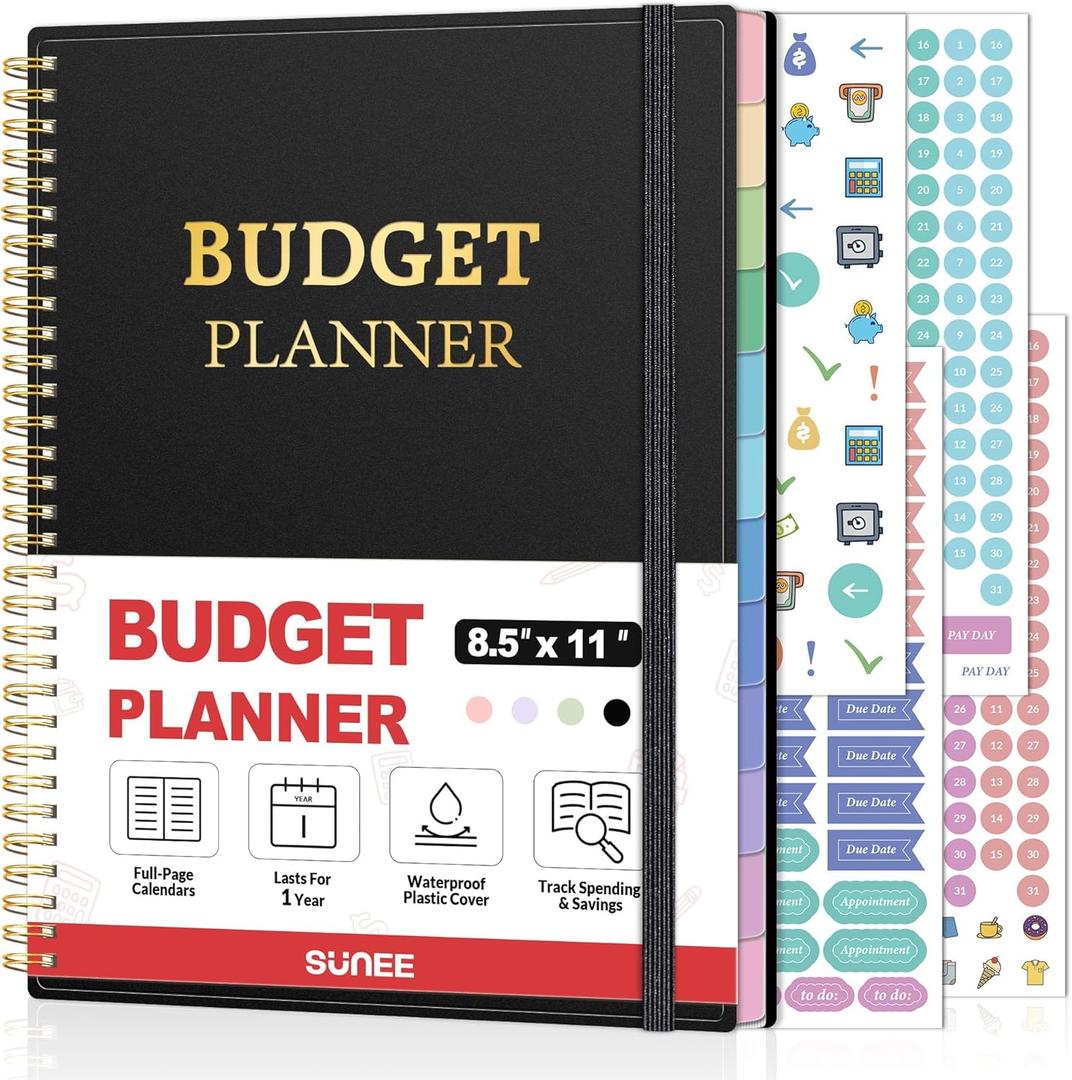 SUNEE Budget Planner - Monthly Budget Book with Expense Tracker Notebook, A4(8.5" x 11") Undated 12 Month Bill Organizer & Finance Planner to Manage Your Money, Account Book with Colorful Tab, Black
