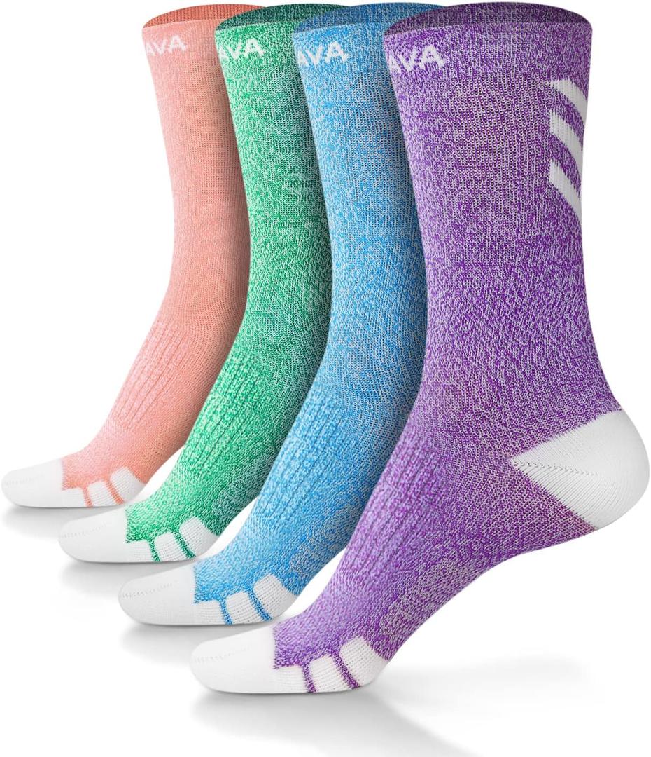 DOVAVA Dri-tech Compression Crew Socks 15-20mmHg (4 Packs) Quick Dry Athletic Running Socks (Small-Medium, Blue-Pink-Green-Purple)