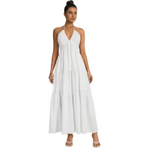 OYOANGLE Women's Summer Beach Halter Sundress Formal Wedding Guest Dress Backless Flowy Vacation Boho Maxi Dresses, Size: X-Small (White)
