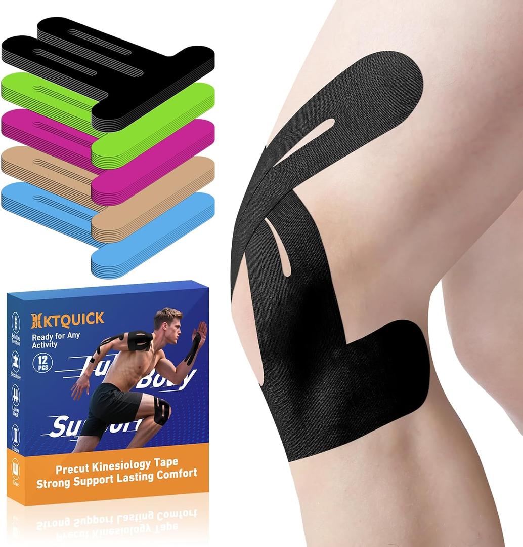 PreCut Kinesiology Tape for Knees, KTQUICK 12 PCS 20% Extra Adhesive Knee Tape for Knee Pain Relief Pre Cut, Anatomical for Maximum Hold, Waterproof&Hypoallergenic Cotton Latex-Free for Sports (Black)