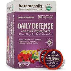2 x BareOrganics DAILY DEFENSE TEA (Organic) with superfoods and Probiotics, 10ct single serve Cups