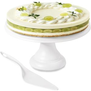 JOYMAY 9.6 Inch Bamboo Fiber Cake Stand, Round Cake Holder, Cake Plate with Detachable Base, Dessert Table Display Set, Cake Decorating for Birthday Party Baking Gifts for 6inch, 8inch Cakes (White)