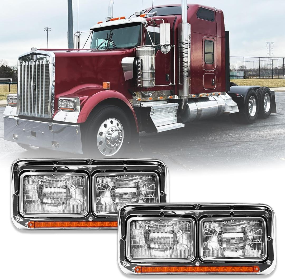 LED DRL Headlights for Kenworth T400 T600 T800 W900 K100 C500 Peterbilt 378 379 Front Headlight Assembly [Included All Bulbs] OE Replacement Driver Left and Passenger Right Side DOT Approved
