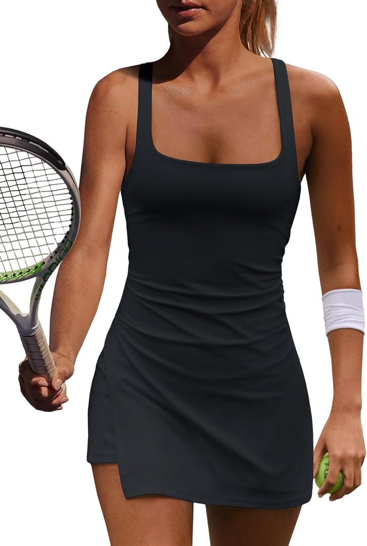 Yanekop Womens Tennis Dress with Built in Shorts Golf Dress Athletic Outfits Active Dresses Workout Onesie Yoga(Black, S)