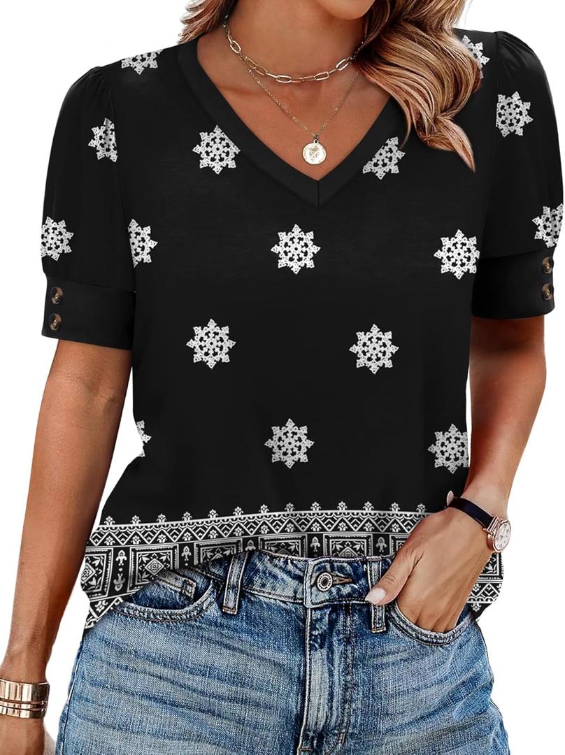 OFEEFAN Womens Tops Short Sleeve Shirts Buttons V Neck Spring Fashion Summer Outfits Plus Size Blouses Dressy Casual (Small,  Black)