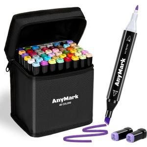 AnyMark Alcohol Markers, 48 Colors Dual Tip Art Coloring Markers Set for Adult Book Drawing Sketching Painting, Chisel & Fine, Black Penholder