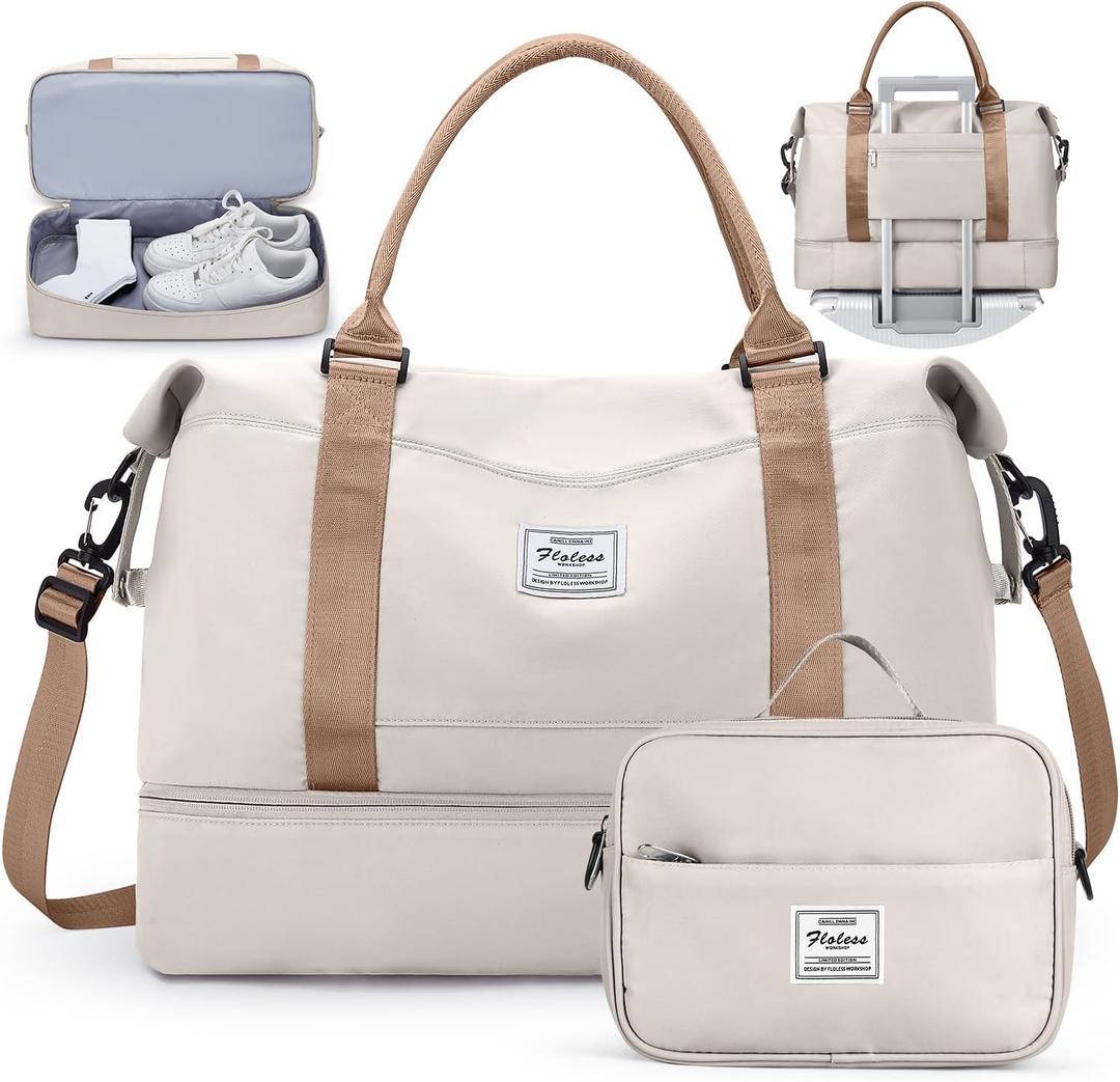 Travel Duffel Bag with Shoes Compartment, Carry on Overnight Weekender Bags for Women, For Spirit Airlines 18x14x8 Personal Item Bag (Large, Beige & Brown)
