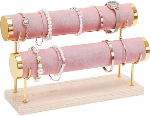 ProCase Bracelet Holder Display Bracelet Organizer Stand, Gold Detachable Bangle Storage Rack for Selling, Velvet Wrap Watch Holder with Wooden Base for Women Girls, Business Supplies - 2 Tier, Pink