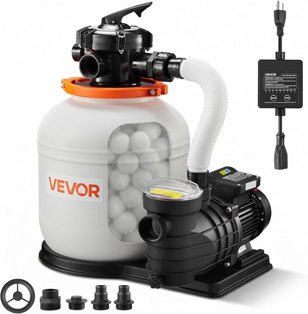 VEVOR FlashPure Sand Filter Pump, 14 in for Above Ground Pool, 0.75 HP 3500 GPH, Swimming Pool Filter System with Timer, 6X Faster Filtration, Media Installed, Leak-Resistant, Ready to Use Out of Box