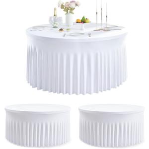 Outpain 2 Pack White Round Spandex Tablecloths for 60in Tables, 120Inch Stretchy Fitted 5FT Round Table Clothes,Wrinkle Free Table Cover with Skirt for Wedding Party Banquet Baby Shower