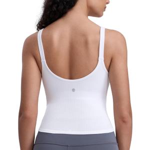 CRZ YOGA Seamless Womens U Neck Longline Sports Bra - Thin Strap Padded Workout Crop Tank Ribbed Open Back Yoga Camisole Top (White, XL)