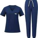 Nucabel Scrubs for Women Set, V-Neck Top & Cargo Jogger Pants, 9 Pockets, Yoga Waistband, Comfort Fit Nursing Uniform - M- Navy