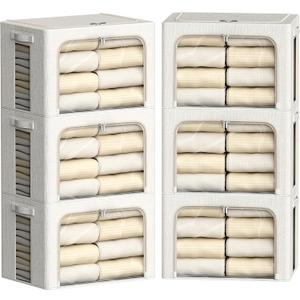 FHSQX 6 Pack Clothes Storage Bins with Metal Frame Foldable Storage Bins for Clothes Linen Fabric Storage Box with Clear Window (Lvory White, 19.7x15.7x13inch(66L))