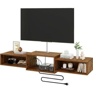 IBUYKE Floating TV Stand Wall Mounted with Power Outlet,Wood Wall Mounted Media Console Shelf,Floating Entertainment Center for Under TV Storage for Living Room Bedroom Office,Rustic Brown WST001H
