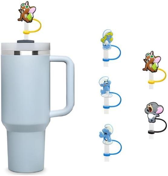2 x 5Pcs 0.4in/10mm Diameter Cute Silicone Straw Covers Cap for Stanley Cup, Dust-Proof Drinking Straw Reusable Straw Tips Lids. (Jerry & Smurf Family)