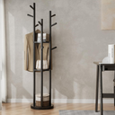 KASLANDI Coat Rack, Solid Wood Rotating Coat Rack Freestanding With 3 Crossbars, Coat Tree Easy To Assemble, Coat Stand For Entryway, Office, Office, Suits, Coats, Bags (Black)